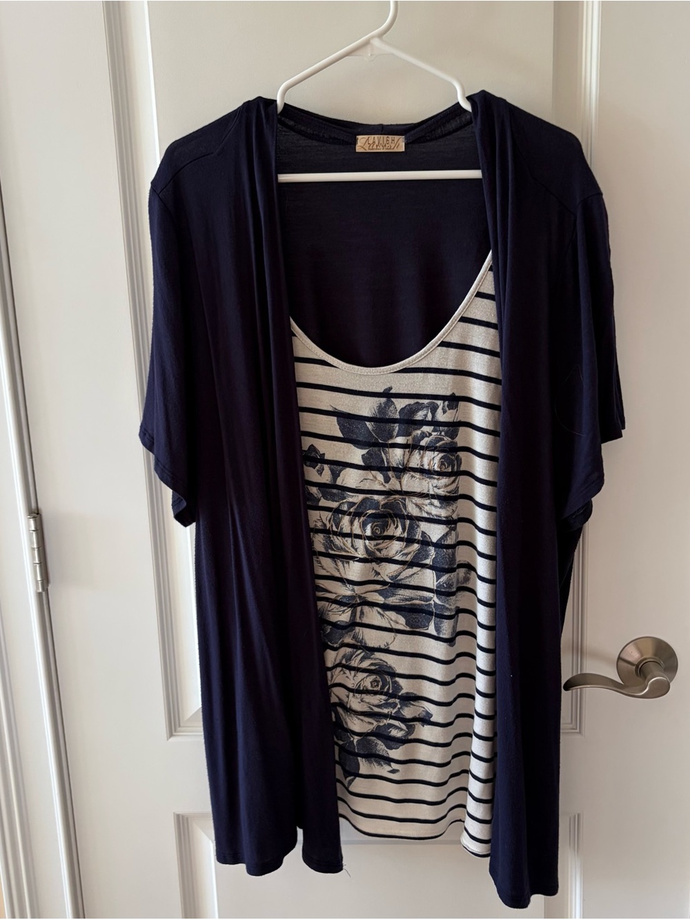 Lavish Navy Open-Front tunic with Cream & Navy Striped Floral Tank